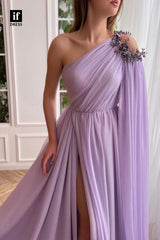 34144 - Charming One Shoulder Beads High Split A-Line Pleats Prom Formal Dress