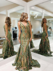 Sparkly Trumpet/Mermaid V-Neck Sleeveless Floor-Length Long Prom Dresses With Sequins Sexy