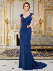 Lace Cap Sleeve Column Gown with Draped V-Neck Dark Navy