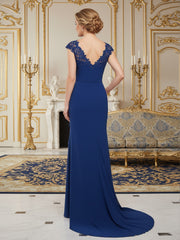 Lace Cap Sleeve Column Gown with Draped V-Neck Dark Navy