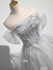 Gray A-Line Tulle Long Prom Dress, Gray Tulle Formal Evening Dress