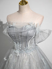Gray A-Line Tulle Long Prom Dress, Gray Tulle Formal Evening Dress