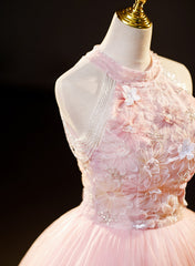 Pink Tulle Long Formal Dress with Floral Lace, Pink Halter Tulle Sweet 16 Dress