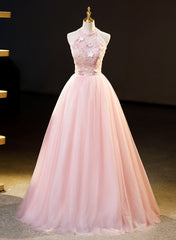 Pink Tulle Long Formal Dress with Floral Lace, Pink Halter Tulle Sweet 16 Dress