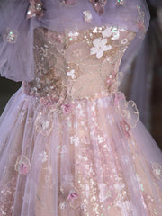 A-Line Sweetheart Neck Tulle Lace Purple Long Prom Dress, Purple Long Formal Dress