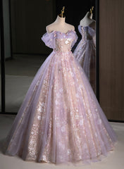 Lovely Light Purple Floral Tulle Off Shoulder Party Dress, Light Purple Tulle Prom Dress