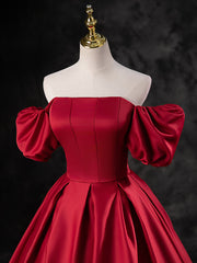 A-Line Burgundy Satin Long Prom Dress, Burgundy Long Evening Dress