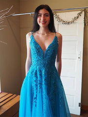 A-Line V Neck Lace Blue Long Prom Dress, Blue Long Evening Dress