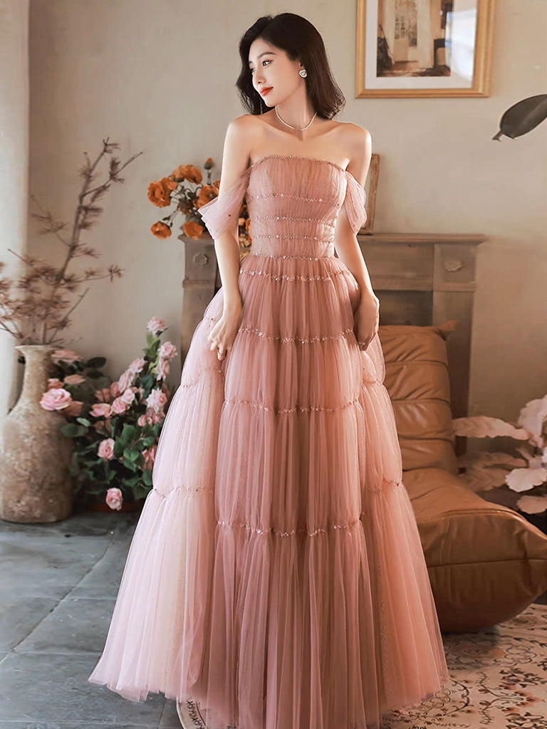 A-Line Off Shoulder Tulle Beads Pink Long Prom Dress, Pink Formal Dress