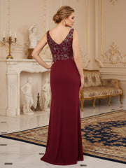 Sleeveless Column Gown with V-Neck and Ornate Beaded Bodice Burgundy