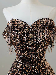 Off Shoulder A-Line Coffee Gold Sequin Long Prom Dress, Coffee Gold Evening Dress