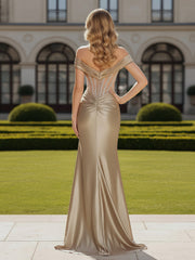 Off-The-Shoulder Beaded Mermaid Long Dress Champagne