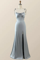 Misty Blue Straps Ruffle A-line Bridesmaid Dress