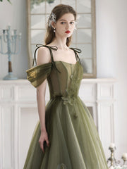 A-Line Off Shoulder Green Tulle Long Prom Dress, Green Formal Dresses