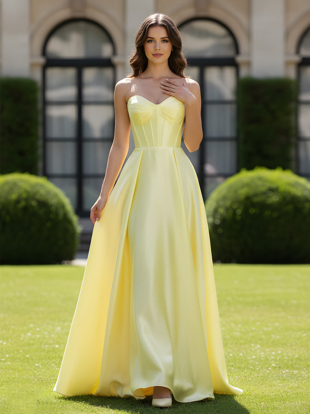 A-Line Sweetheart Satin Zipper Floor Length Gown Daffodil