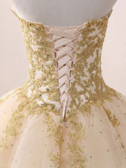Champagne Sweetheart Neck Tulle Long Prom Gown, Champagne Sweet 16 Dress