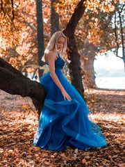 Blue one shoulder tulle lace long prom dress, blue formal dress