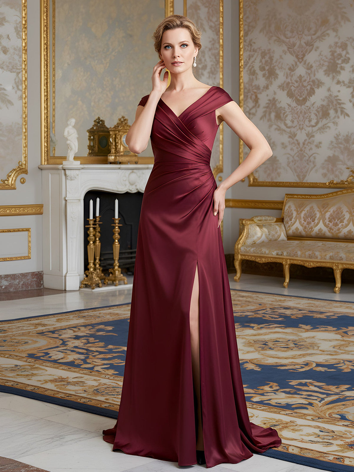 Cap Sleeve Column Gown with Draped V-Neck and Thigh Slit Burgundy