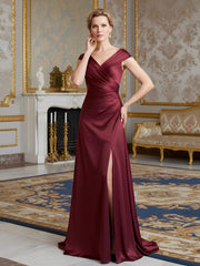 Cap Sleeve Column Gown with Draped V-Neck and Thigh Slit Burgundy
