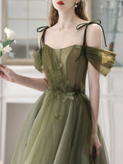 A-Line Off Shoulder Green Tulle Long Prom Dress, Green Formal Dresses