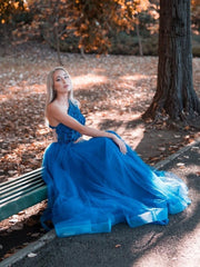 Blue one shoulder tulle lace long prom dress, blue formal dress