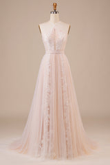 A Line Halter Sweep Train Tulle Wedding Dress with Lace Ivory Champagne