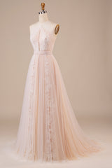 A Line Halter Sweep Train Tulle Wedding Dress with Lace Ivory Champagne