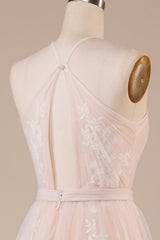 A Line Halter Sweep Train Tulle Wedding Dress with Lace Ivory Champagne