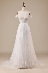 Ivory A Line Detachable Off the Shoulder Corset Tulle Wedding Dress Long