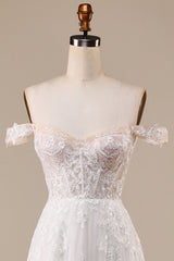Ivory A Line Detachable Off the Shoulder Corset Tulle Wedding Dress Long