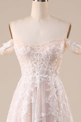 Ivory A Line Detachable Off the Shoulder Corset Tulle Wedding Dress Long
