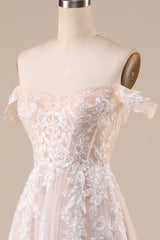 Ivory A Line Detachable Off the Shoulder Corset Tulle Wedding Dress Long