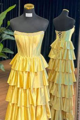 Elegant Strapless A-Line Ruffle Prom Dress with Slit