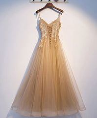Champagne tulle lace long prom dress tulle lace formal dress