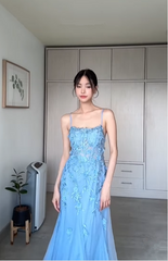 Classy Blue Tulle Appliques Mermaid Evening Dress Long Open Back