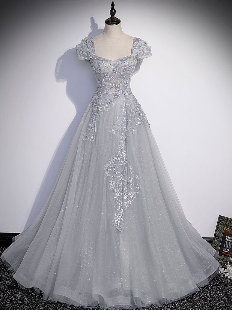 Gray tulle lace long prom dress, gray tulle lace long evening dress