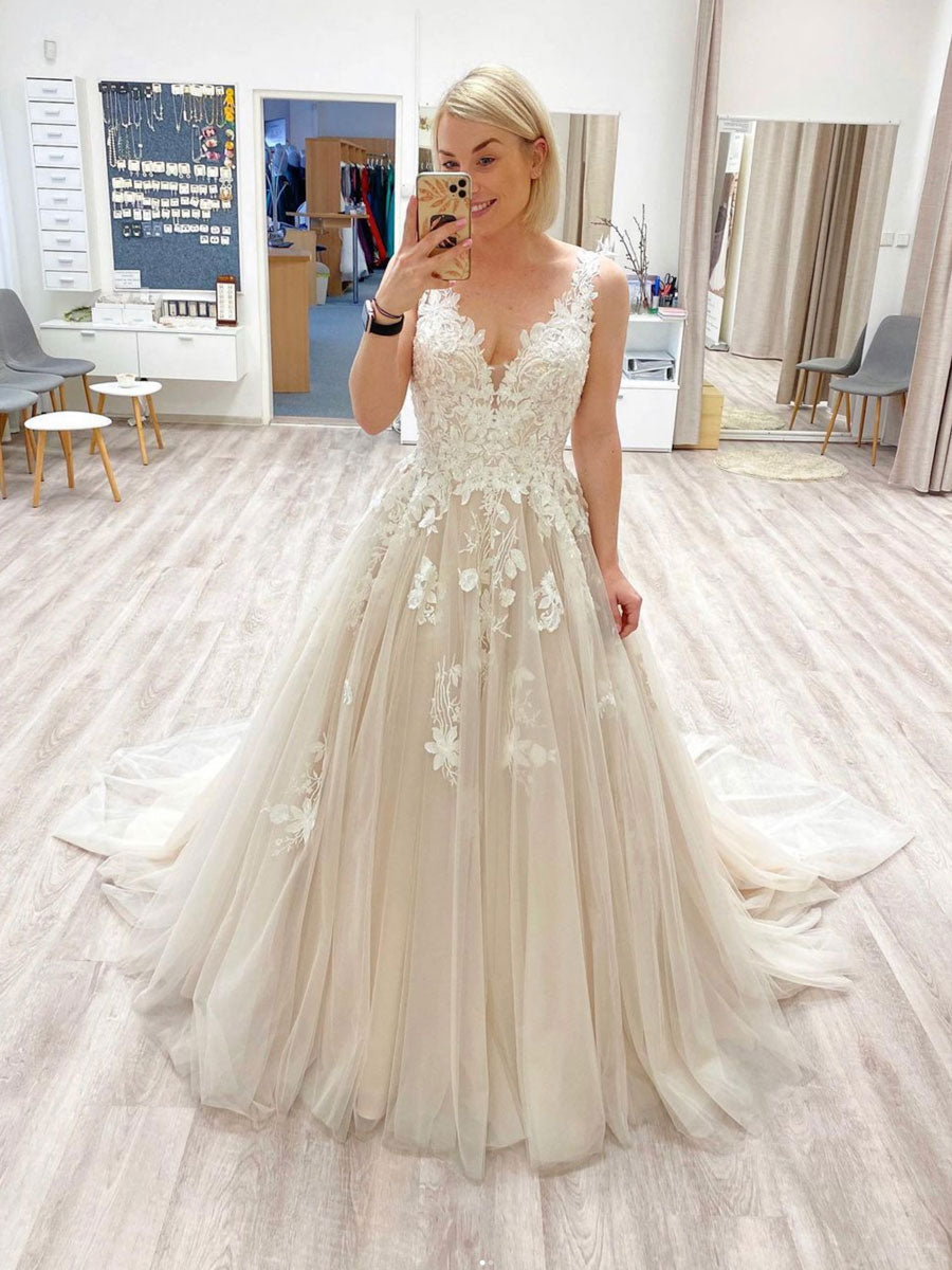 Champagne v neck tulle lace long prom dress, champagne evening dress