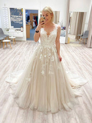 Champagne v neck tulle lace long prom dress, champagne evening dress