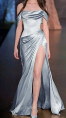 A line Off The Shoulder Light Blue Satin formal dresses Bridesmaid Dresses evening gown Prom Dress With Ruffle