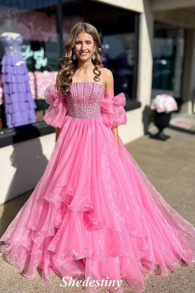 Rhinestone Strapless Hot Pink A-Line Prom Dress with Detachable Sleeves