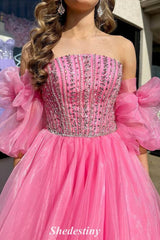 Rhinestone Strapless Hot Pink A-Line Prom Dress with Detachable Sleeves