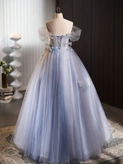 A-line Off Shoulder Tulle Flower Blue Long Prom Dress, Blue Long Formal Dress