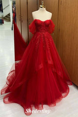 A-Line Red Beaded Off the Shoulder Applique Tulle Prom Dress