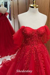 A-Line Red Beaded Off the Shoulder Applique Tulle Prom Dress