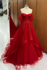 A-Line Red Beaded Off the Shoulder Applique Tulle Prom Dress
