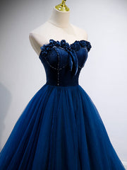 Blue sweetheart neck tulle long prom dress, blue formal dress
