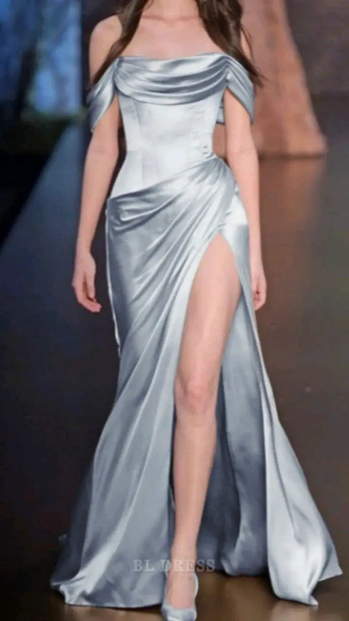 A line Off The Shoulder Light Blue Satin formal dresses Bridesmaid Dresses evening gown Prom Dress With Ruffle