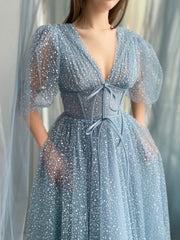 Aline Gray Blue Short Prom Dress, V Neck Blue Formal Cocktail Dress
