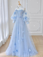 Blue round neck tulle lace long prom dress, blue tulle evening dress