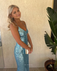 Mermaid Spaghetti Straps Sequin Blue formal dresses Bridesmaid Dresses evening gown Prom Dress